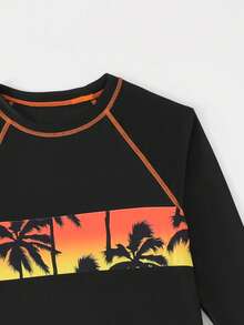 男童两件套泳衣，日落橙渐变棕榈树印花搭配黑色棕榈树印花，适合度假、夏季、海滩、泳池、节日派对、休闲泳裤 - 彩色 - 查看 4