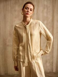 MOTF PREMIUM Áo sơ mi dài tay cổ ruy băng bằng vải lanh, kiểu dáng cổ điển, thanh lịch, thích hợp cho việc đi làm, mùa xuân/hè. - Màu be - Xem 4