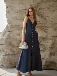 MOTF PREMIUM DENIM FOLD PLEATED BUST SLIP DRESS, SPRING/SUMMER - Dark Wash - View 5