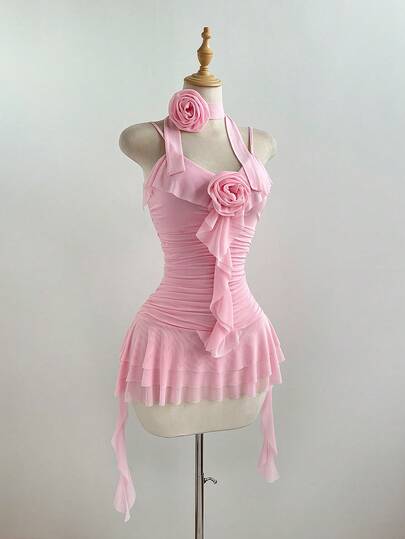 Elamini 女士甜美可爱约会派对度假时尚日常百搭3D立体花卉装饰多层荷叶边下摆露背蝴蝶结粉色迷你连衣裙，春夏款