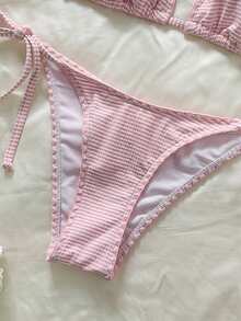 Swim Mod Women's Pink Striped Halter Bikini Set With Tie-Side Bottoms And Tie-Back Detail - Pink - View 6