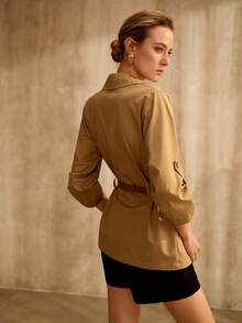 MOTF PREMIUM 100% COTTON 3/4 SLEEVE LOOSE BELTED SHIRT, VINTAGE STYLE - Khaki - View 7
