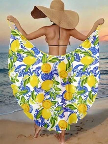 Swim Vcay 女士夏季沙滩数码柠檬印花网纱裹身连衣裙罩衫 - 黃色 - 查看 1