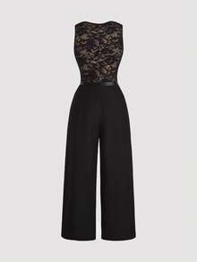 SHEIN MOD Mono elegante de encaje romántico negro con parches, adecuado para la oficina, el transporte, las damas y el uso en primavera/verano - Negro - Ver 3