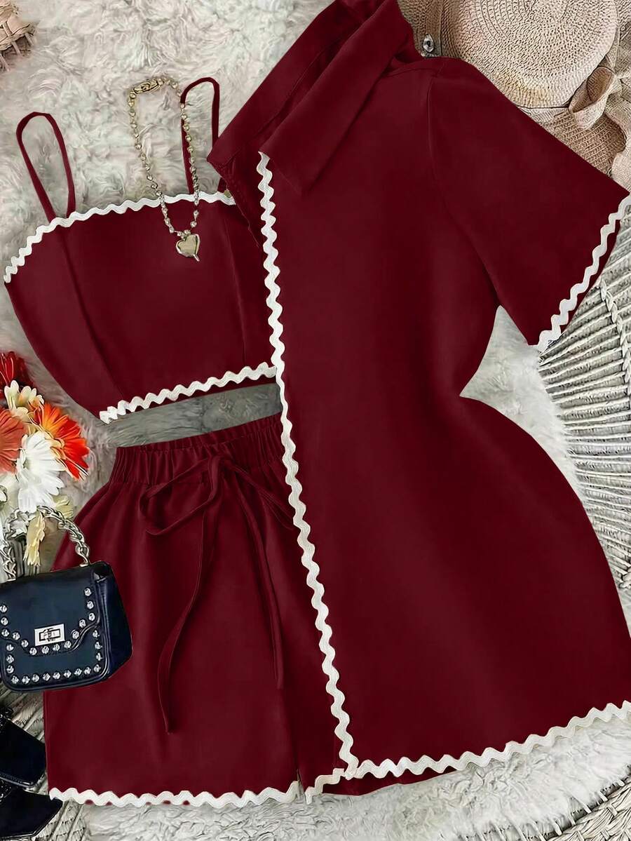GlowEve 3pcs Women Summer Casual Woven Trim Camisole Shorts & Shirt Set - Red - View 1
