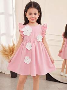 SHEIN Đầm dệt màu trơn thanh lịch cho bé gái, kiểu dáng ôm sát, họa tiết hoa, tay bồng, viền bèo, chất liệu vải dệt, thích hợp cho phong cách thường ngày/nghỉ dưỡng. - Hồng - Xem 3