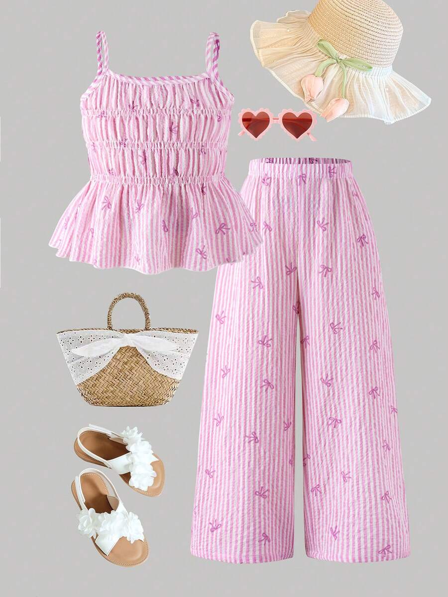 Young Girl' Cute Striped Bow Print Camisole And Wide Leg Pants Set, Summer Girld Outfit Set Set Outfit For Girl Strawberry Pound Cake Outfits Girls Outfit Sets Vacation Summer Clothes Set Two Piece Maxi Set For Girls Young Girls Cami And Wide Leg Pants Set Little Girl Maxi Dress Summer Lounge Set Tweens - Mauve Purple - View 1