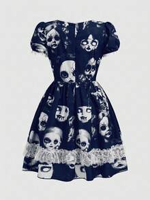 ROMWE Goth Vestido corto con estampado de muñeca de bruja oscura gótica con aplicaciones de encaje para mujeres - Azul Marino - Ver 2