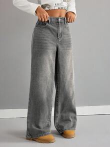 Quần jeans ống rộng cạp thấp màu xanh cổ điển dành cho bé gái tuổi teen - Xám - Xem 3