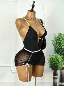 Swim SXY 优雅黑色深V连体泳衣，性感金属扣设计，显瘦塑形，适合度假和水疗 - 黑色 - 查看 7