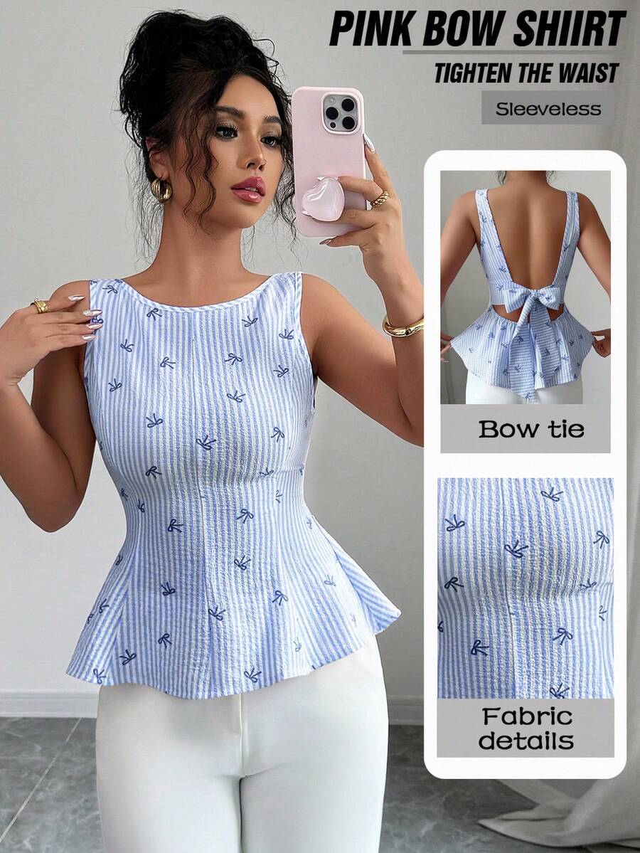 Elenzga Blusa sin mangas con cuello redondo, volantes en el bajo, diseño de lazo y espalda abierta con estampado de rayas - Azul - Ver 1