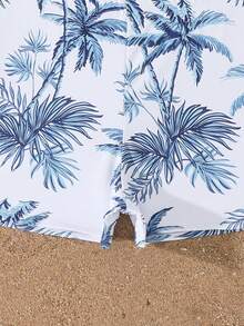 少女热带棕榈树印花吊带背心式泳衣，上衣侧边饰有荷叶边和蝴蝶结，搭配热带棕榈树印花泳裤，两件套泳装，时尚休闲优雅，适合游泳、夏季度假、海滩、泳池、节日派对等场合。 - 彩色 - 查看 7