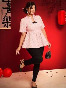 Elenzga 大码女式V领褶皱休闲百搭日常短袖衬衫 - 粉色 - 查看 3