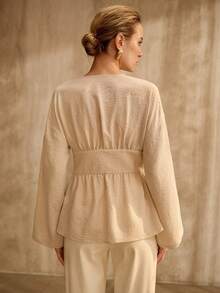 MOTF PREMIUM ELEGANT HIGH-END DESIGN ADJUSTABLE BUCKLE CINCHED WAIST V-NECK LONG SLEEVE LINEN BLOUSE - Apricot - View 4