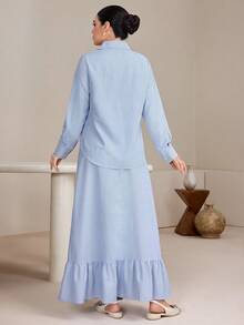 Graceveil Bộ đồ 2 mảnh thanh lịch dành cho nữ: áo và chân váy midi họa tiết hoa 3D đính ngọc trai giả, sọc, phối nhiều mảnh. - Xanh và trắng - Xem 2