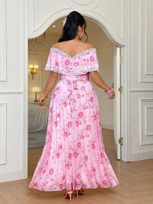 Celure 大码女士优雅玫瑰花卉露肩蕾丝网纱公主风连衣裙，适合情人节穿着 - 粉色 - 查看 3