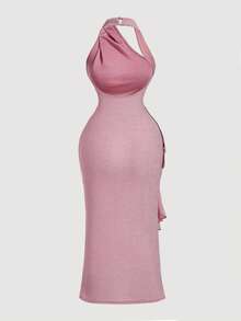 SHEIN MOD Đầm maxi dáng đuôi cá cổ yếm màu hồng họa tiết hoa 3D cỡ lớn, đầm dự tiệc prom thanh lịch dành cho thiếu nữ, đầm maxi xẻ cao, đầm maxi viền bèo nhún, thích hợp cho mùa xuân/hè. - Hồng - Xem 2