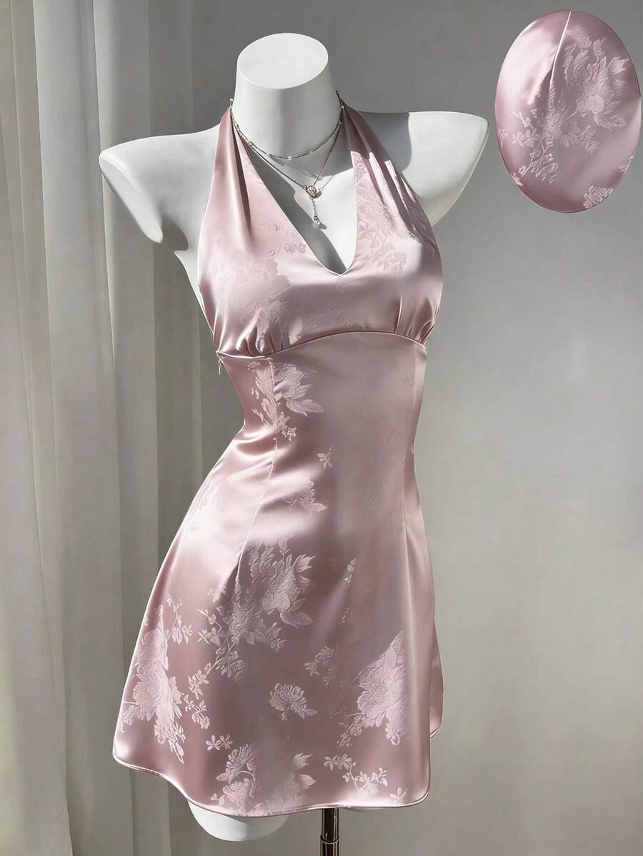 Elamini Women's Elegant Satin Tie-Waist A-Line Mini Dress, Casual Everyday Wear, Suitable For Dates, Outings, Spring/Summer - Pink - View 1