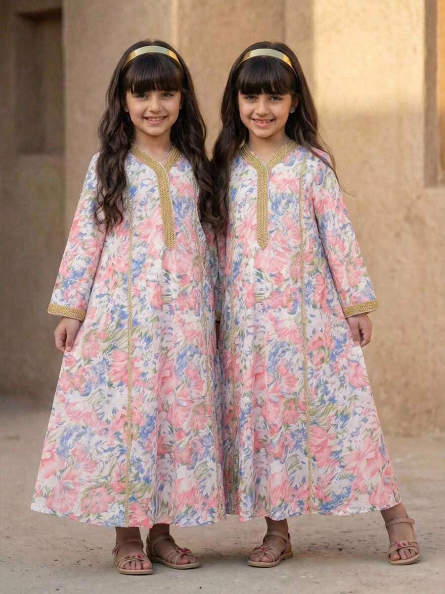 SHEIN Tween Girls' Casual V-Neck Oversized Long Tassel Trim Robe,Kids - Green - View 1