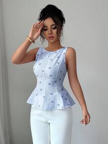 Elenzga Blusa sin mangas con cuello redondo, volantes en el bajo, diseño de lazo y espalda abierta con estampado de rayas - Azul - Ver 6