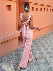 Selianne Conjunto de dos piezas con top tubo con volantes y pantalones - Versátil para uso casual/oficina/vacaciones (primavera y verano, tallas regulares) - Rosa - Ver 3