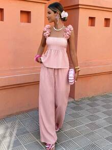 Selianne Conjunto de dos piezas con top tubo con volantes y pantalones - Versátil para uso casual/oficina/vacaciones (primavera y verano, tallas regulares) - Rosa - Ver 5