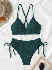 Costavie Bộ bikini hai mảnh màu trơn thời trang dành cho nữ - Màu xanh lá cây đậm - Xem 6