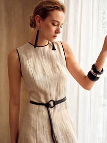 MOTF PREMIUM ELEGANT SLEEVELESS ROUND NECK CONTRAST TRIM MIDI A-LINE DRESS, VINTAGE STYLE, SPRING/SUMMER - Apricot - View 3