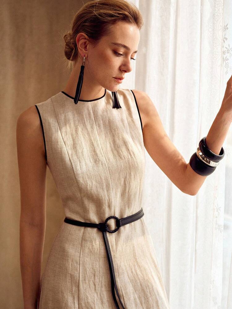 ELEGANT SLEEVELESS ROUND NECK CONTRAST TRIM MIDI A-LINE DRESS, VINTAGE STYLE, SPRING/SUMMER