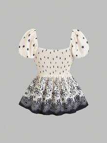 Sweetra 女士休闲度假时尚日常百搭约会波西米亚风印花撞色蝴蝶结泡泡袖短款露脐衬衫，春夏款 - 彩色 - 查看 2