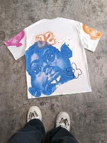 SHEIN Y2K街头风趣味印花，创意独特印花T恤，时尚嘻哈男士T恤，趣味复古T恤，常规版型，街头风格，数码印花，理想礼物。 - 彩色 - 查看 2