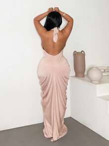 Maweii 大码女式深V领系腰甜美优雅时尚百搭纯色连衣裙 - 粉色 - 查看 2