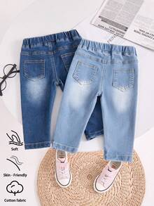 男婴牛仔裤两件套，休闲时尚街头风，可爱百搭，简约百搭，松紧腰带，仿口袋设计，猫须水洗，弹力柔软棉质牛仔面料，适合日常穿着、外出、聚会、上学、通勤等场合，春夏新品上市。 - 彩色 - 查看 2