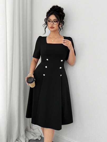 Elenzga 大码女士优雅方领短袖装饰纽扣腰部中长连衣裙