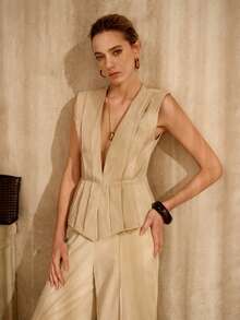 MOTF PREMIUM 女士V领杏色小众时尚百搭优雅修身无袖外套 - 杏色 - 查看 7