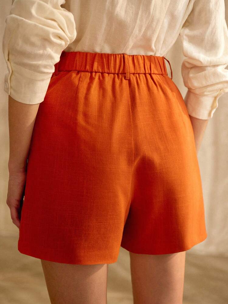 WOMEN'S ORANGE DECORATIVE BELT BUCKLE ELEGANT SHORTS