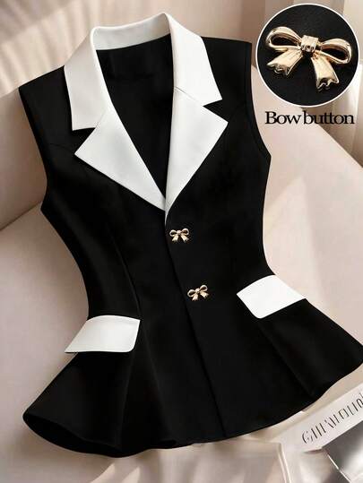 GlowEve CURVE 大码女式通勤撞色拼接翻领蝴蝶结纽扣装饰背心