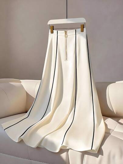 GlowEve CURVE 大码女式通勤时尚拉链拼接条纹迷你A字纯色半身裙