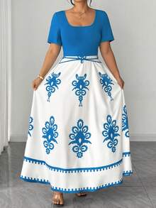 Elenzga 大码女式优雅修身旗袍式印花短袖连衣裙，春夏款，大学校园装扮，蝴蝶结西部度假连衣裙 - 藍色 - 查看 6