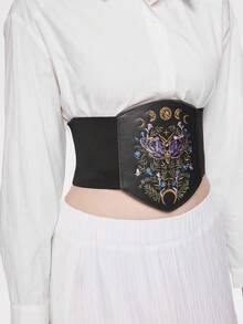 ROMWE Goth Áo corset da co giãn màu tối, thêu họa tiết lá, trăng và hoa, kiểu dáng trang trí, thích hợp mặc hàng ngày, kèm quần jeans. - Màu đen da bướm đêm lá hoa mặt trăng thắt lưng - Xem 4