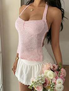 Sunnyshic Áo hai dây cổ yếm buộc nơ màu hồng dành cho nữ, chất liệu có họa tiết. - Hồng - Xem 4