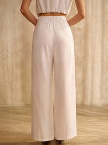 MOTF PREMIUM WOMEN'S WHITE FOLDED HEM LINEN BASIC ELEGANT OFFICE SUIT PANTS - White - View 4