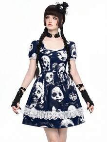 ROMWE Goth Vestido corto con estampado de muñeca de bruja oscura gótica con aplicaciones de encaje para mujeres - Azul Marino - Ver 7