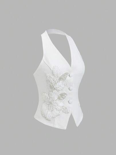 Sweetra 女士轻盈花卉装饰吊带西装外套，优雅时尚商务休闲办公装，春夏款