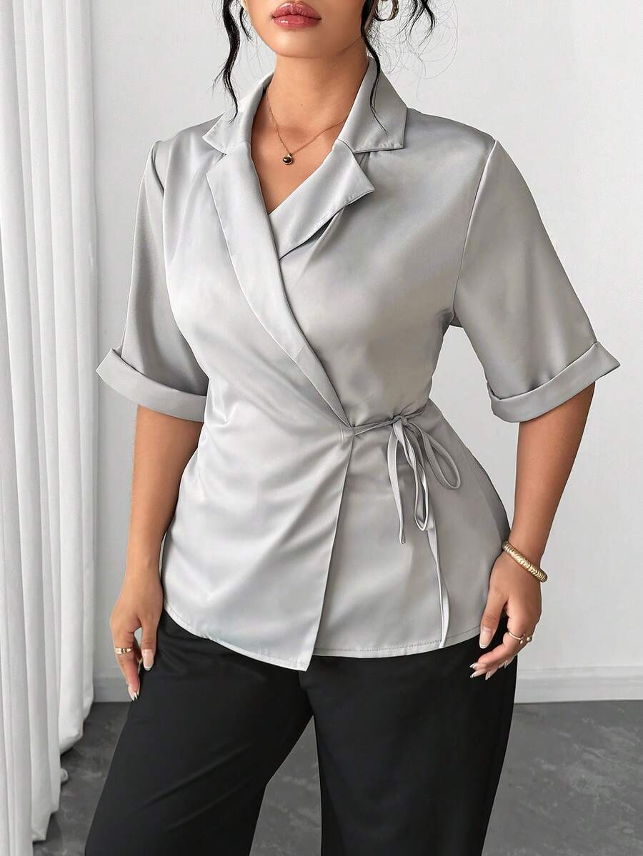 Elenzga Fashionable Casual French Retro Elegant Commuter Bow Tie Collar Half Sleeve Blazer Shirts For Women Elegant Working Blouse - Light Grey - View 1