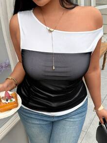 Easura Plus Size Women Summer Fashion Commuter Asymmetrical Collar Contrast Color Mesh Ruffle Fitted T-Shirt - Black and White - View 5