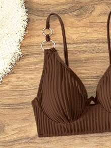 SHEIN Swim 2026春夏黑色无提拉可调节肩带支撑褶皱度假露脐女式上衣 - 棕色 - 查看 6