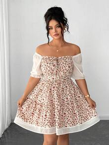 Vestido corto de estilo francés para mujer de talla grande, con nuevo diseño de verano, cuello cuadrado, mangas de pétalos de gasa, cintura ceñida y ajuste delgado - Rosa - Ver 6