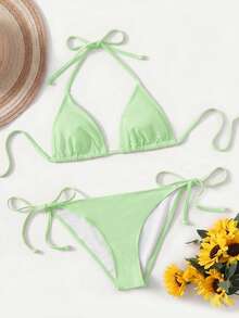 SHEIN Swim Basics 女士性感露背系带开衩比基尼套装，简约纯色，适合海滩度假 - 綠色 - 查看 5