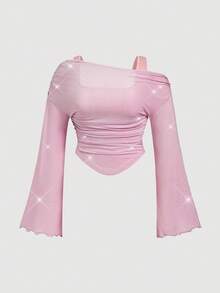 SHEIN MOD 大码女式豹纹露肩网纱二合一喇叭袖长袖上衣，春夏款 - 粉色 - 查看 4